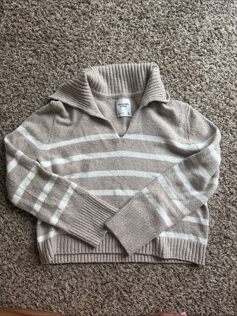 Abercrombie & Fitch Cream and Taupe Striped V‑Neck Shawl Sweater